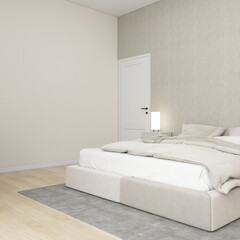Cozy bedroom interior design with a table lamp and a modern bed. 3D rendering, interior design, 3D illustration