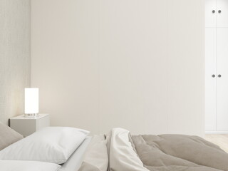 Wall mockup of a textured wall in a cozy bedroom with interior decor and a table lamp. 3D rendering, interior design, 3D illustration