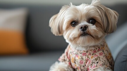 Cute small dog with fluffy fur and floral shirt indoors