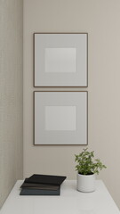 Two square frame mockups on a textured wall and ornaments in a corner. 3D rendering, interior design, 3D illustration