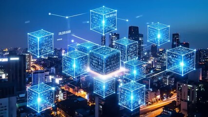 Futuristic blockchain network over cityscape illustrates digital connectivity and smart city concepts. - Powered by Adobe