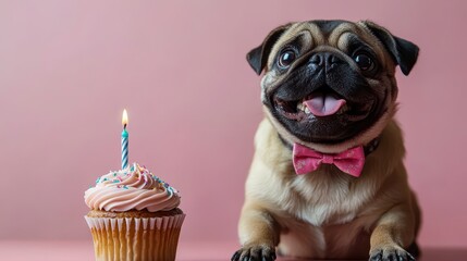 Happy Pug Dog with Birthday Cupcake and Candle Celebration Moment