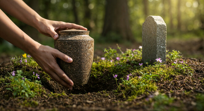 Hands hodling Biodegradable urn made from pressed natural materials being placed into a small grave hole surrounded by wildflowers and moss