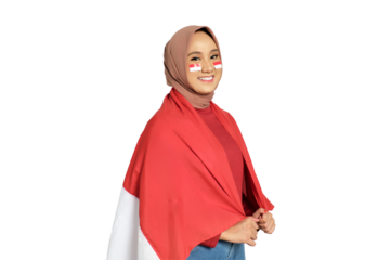 Happy young Asian women celebrate Indonesian independence day on 17 August with the Indonesian flag isolated on transparent background