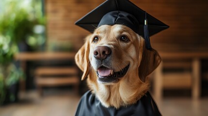 Happy Labrador Dog in Graduation Cap and Gown in Indoor Setting