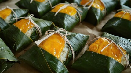 A group of zongzi, traditional chinese rice dumplings, are wrapped in banana leaves