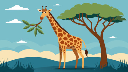 Cute cartoon giraffe eating leaves from a tree in the savanna