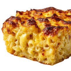 A golden square of baked macaroni and cheese sits on a transparent background