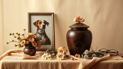 Pet memorial urn with dog portrait and flowers in pastel colors  
