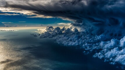 Fototapeta premium Dramatic swirling cloud formation over the ocean from an elevated perspective. 