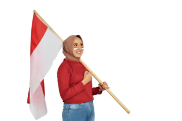Excited young Asian women celebrate Indonesian independence day on 17 August by holding the Indonesian flag isolated on transparent background