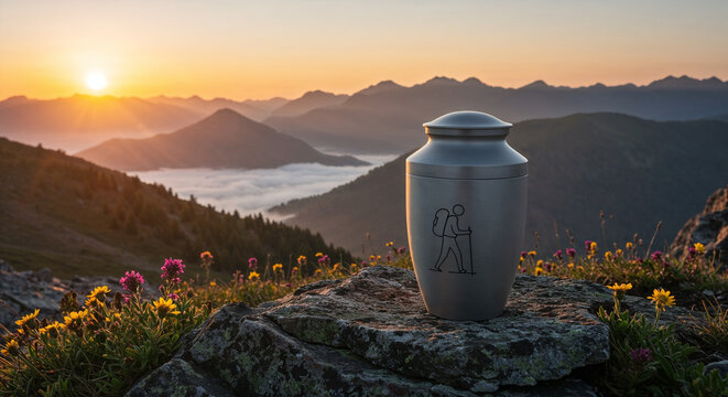 A cremation urn on a rocky outcrop overlooking misty mountain peaks at sunrise
