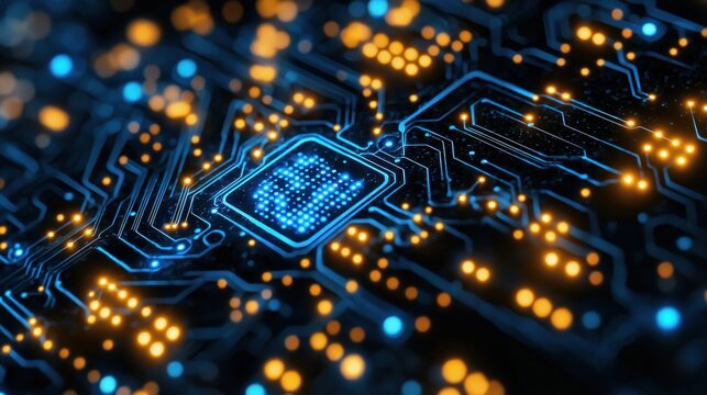 High-tech circuit board with glowing chip
