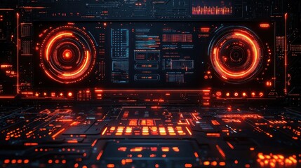 Futuristic control panel with glowing red displays
