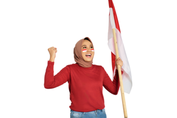 Excited young Asian women celebrate Indonesian independence day on 17 August by holding the Indonesian flag isolated on transparent background