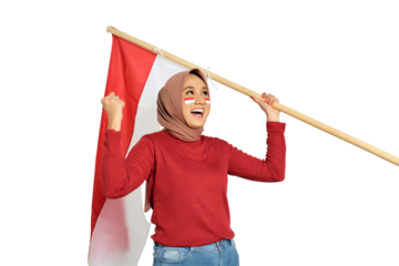 Excited young Asian women celebrate Indonesian independence day on 17 August by holding the Indonesian flag isolated on transparent background