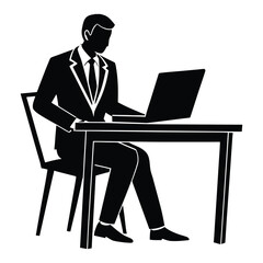 A focused businessman works intensely at his desk, managing tasks on his laptop, surrounded by documents, embodying dedication and productivity in a busy workday.
