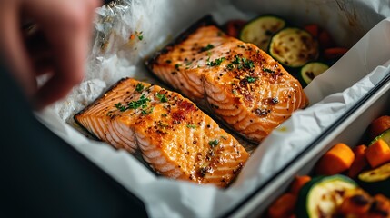 A close-up of two fillets of salmon on top of white paper, sitting next to zucchini and carrots being placed into an open kitchen food container 