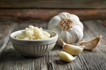A small white bowl filled with garlic is on the left, next to an entire head of garlic placed flat and in full view, against a wooden background. 