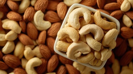 A photo of raw cashew nuts in a white container, placed on top of a larger pile of organic and natural almonds and peanuts.