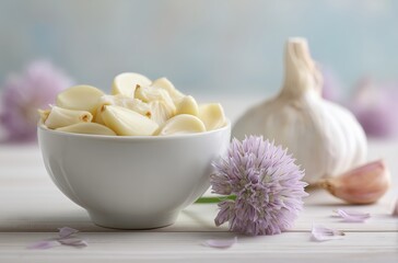 A white porcelain bowl filled with sliced garlic is on the left, next to an entire head of raw garlic, placed against a light wooden table background.