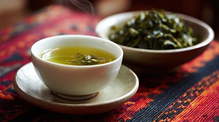 A white porcelain cup filled with green tea, sitting on top of an off-white saucer placed next to the edge of another small round ceramic plate, both resting atop a red and black striped tablecloth.
