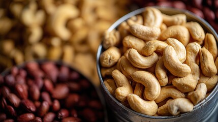 Cashew nuts, top view of one container filled with cashews on the right side of the picture and more dry beans In the background