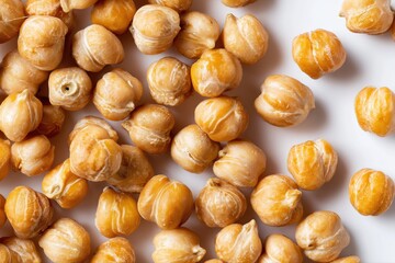 A close-up shot of chickpeas, showcasing their texture and color. The background is plain white to highlight the chickpea pattern. --ar 3:2 --v 7 Job ID: a8a22a1a-94e3-421c-9955-8891bd1e77f6
