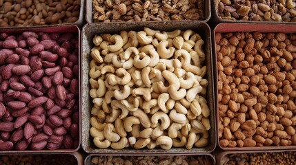 Cashew nuts, top view of one container filled with cashews on the right side of the picture and more dry nuts around it to make up the background