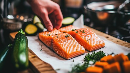 Close-up of raw salmon fillets on white paper, next to green zucchini and carrots in the background. 