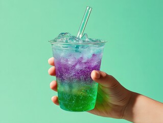 Hero shot of Hand holding a refreshing looking neon green and purple mixed transparent fizzy drink and with ice cubes in it, in a cup with clear straw in it and light green color background