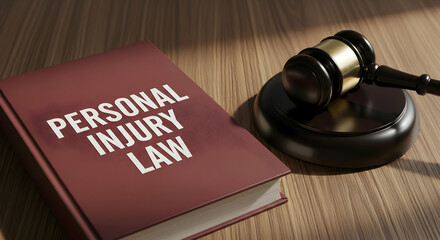 Personal Injury Law Book and Gavel on a Wooden Desk: Symbolizing Justice and Legal Proceedings