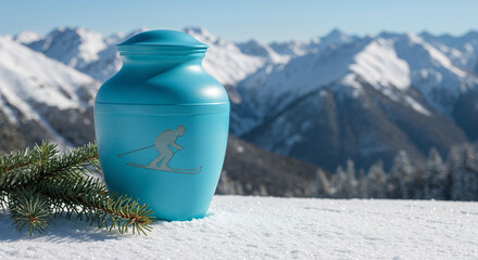 light blue cremation urn with engraved line illustration of a skier in motion set in fresh snow on the ski slope with space for text