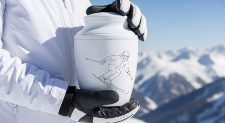 Skier holding white cremation urn with engraved skier illustration outdoors  with space for text