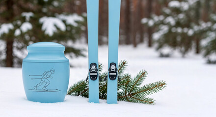 Blue ski equipment and blue urn with running skier icon on snowy forest background  