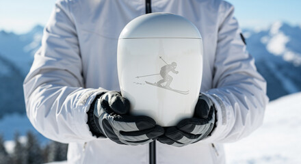 White cremation urn with skier illustration held by person in snowy mountains  - front view