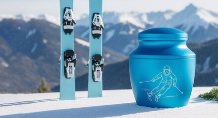  cremation urn with engraved skier in motion against blue pair of skis on the top of the mountains