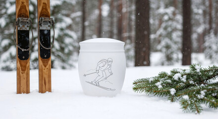  white cremation urn of a ski set in fresh snow near a pine forest. Nearby lie a pair of vintage wooden skis and fir branches
