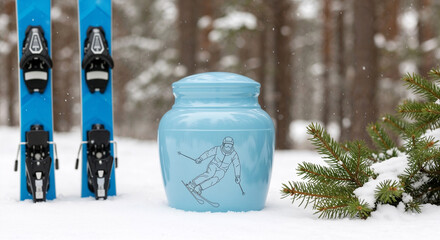 Blue cremation urn with engraved skier in snowy forest setting  