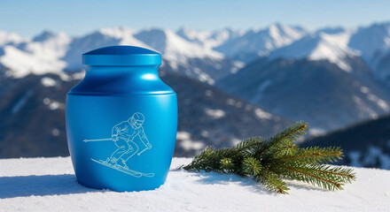  blue cremation urn with engraved line illustration of a skier in motion set in fresh snow on the ski slope. Nearby lie fir branches