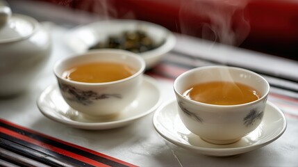White porcelain tea cups filled with green loose-leaf oolong tea, with milk in the center of an Asian-style table, featuring red and black stripes on a white paper surface with beautiful sunlight