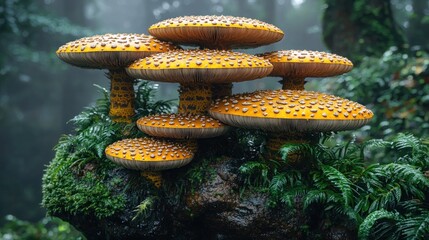Group of vibrant yellow mushrooms on mossy rock in a misty forest