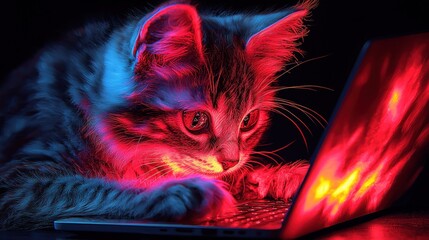 Cat working on laptop, neon glow