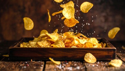 Crispy potato chips cascade from wooden tray (1)