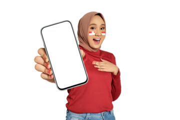 Surprised young Asian women celebrate Indonesian independence day on 17 August while holding smartphone with blank screen isolated on transparent background