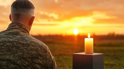 A veteran lighting a candle at a military grave, honoring a fallen comrade