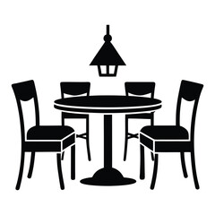 Silhouette icon of a restaurant table with two chairs, symbolizing dining or hospitality. Clean, minimal design perfect for menus, apps, or signage in food-related settings.
