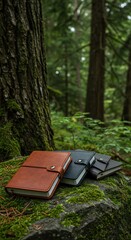Leather Journals Resting on Mossy Rock in a Lush Forest Setting