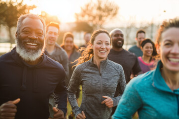 Group Happy diverse of adults exercising outdoors, running together at sunset