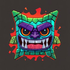 Ferocious Stone Guardian: A vibrant digital illustration of a menacing, colorful stone monster with sharp teeth and glowing eyes, set against a fiery background.